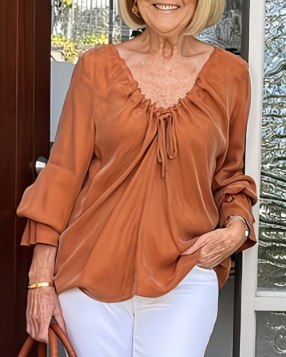 Blouse Col V Froncée Attache Décontractée