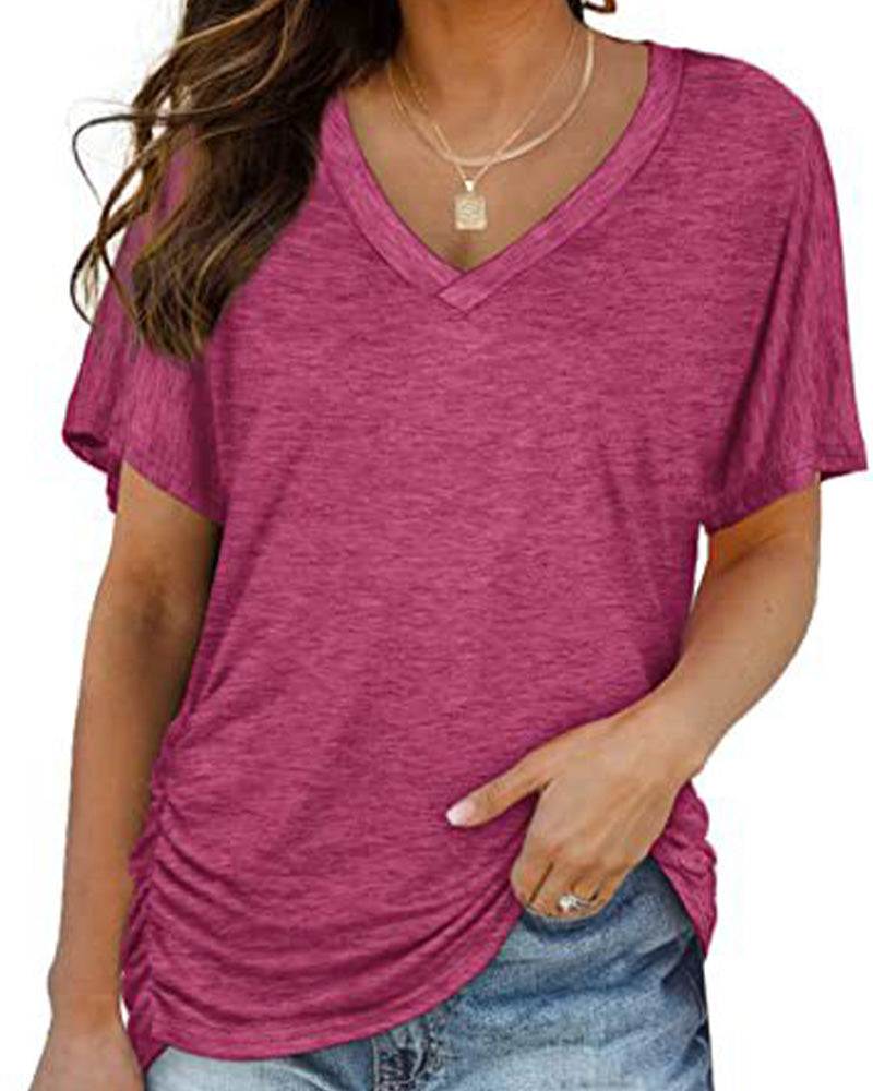 T-Shirt Plissé Uni Col En V