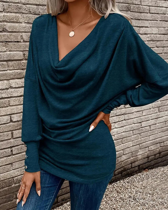 T-Shirt Col Mock Uni Bouton Manche Longue