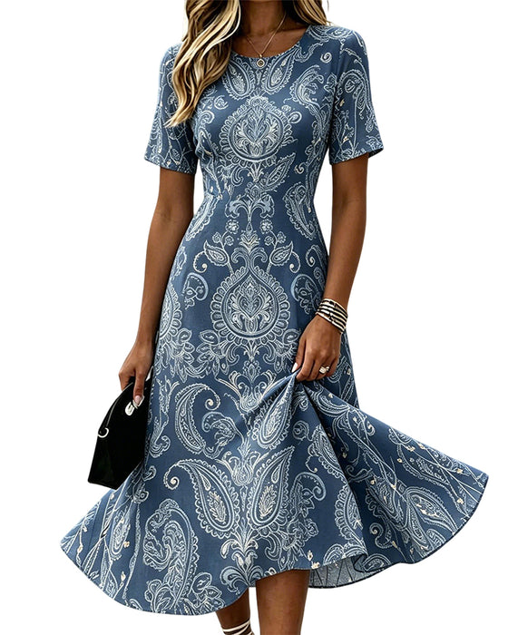 Robe Encolure Ronde Taille Imprimé Ligne A