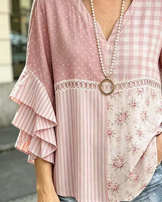 Blouse Double Couche Manches Volantées Imprimé Rayures Pois