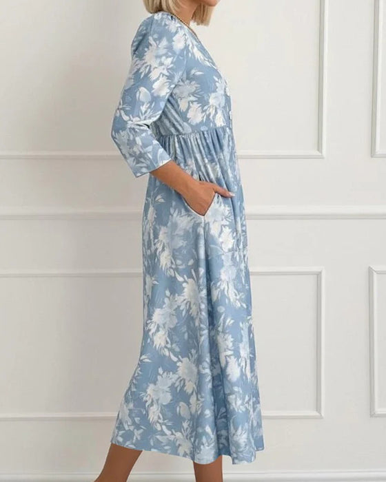 Robe Col V Bouton Florale Froncée