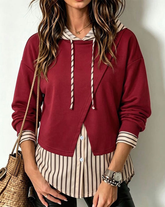 Sweat À Capuche Faux Deux Pièces Rayé Patchwork