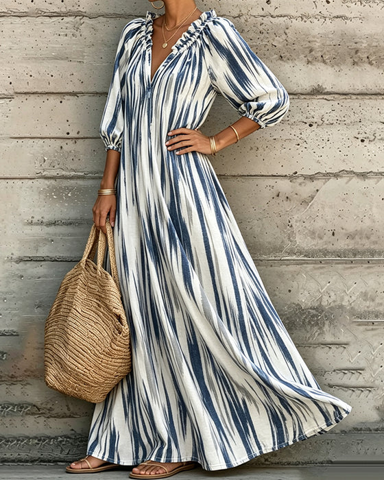 Robe Tie-Dye Col En V Manches Ballon Longue Resort