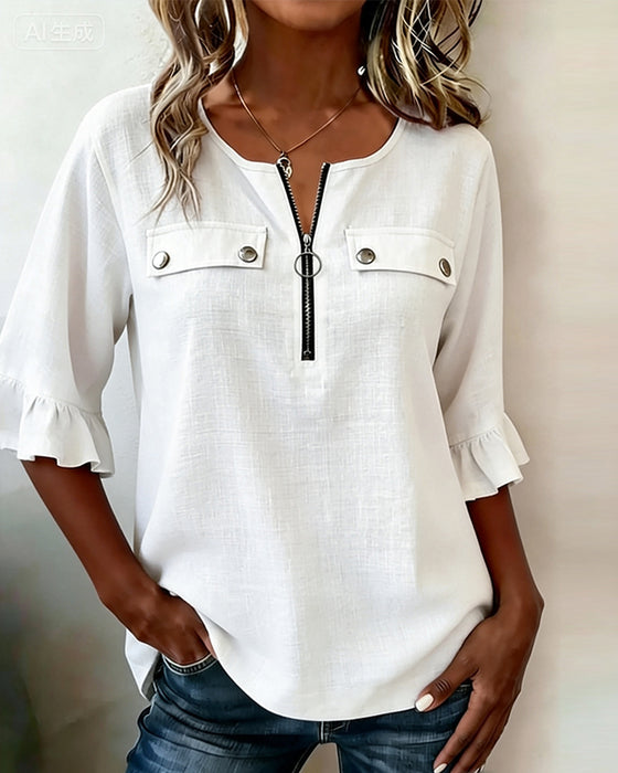 Blouse Fermeture Éclair Manches 3/4 Volantée