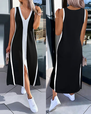 Robe À Bloc De Couleur Sans Manches Fendue Maxi