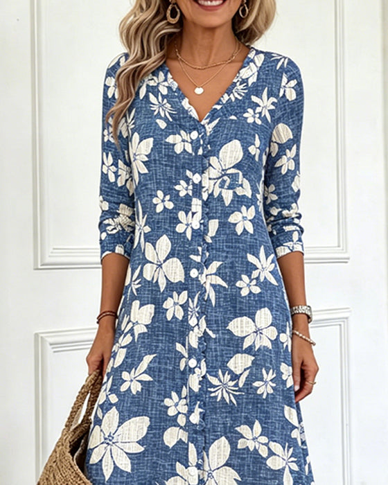 Robe Col V Florale Chemise