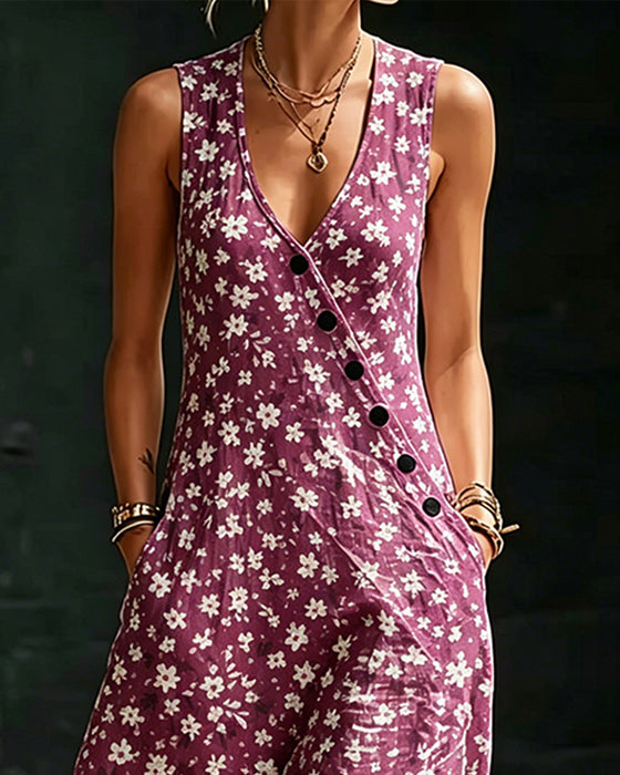 Robe Petits Fleurs Asymétrique Bouton Sans Manches