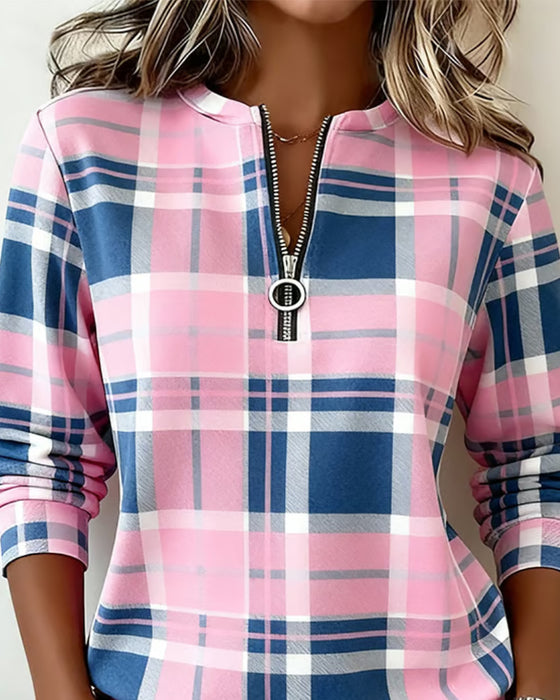 Sweatshirt Col V Fermeture Éclair Carreau Contraste