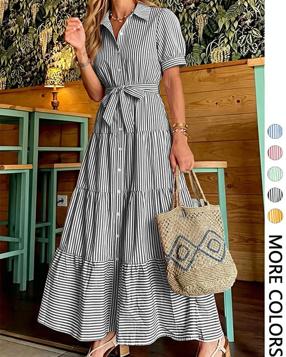 Robe Rayée Cintrée À Volants Chemise Maxi