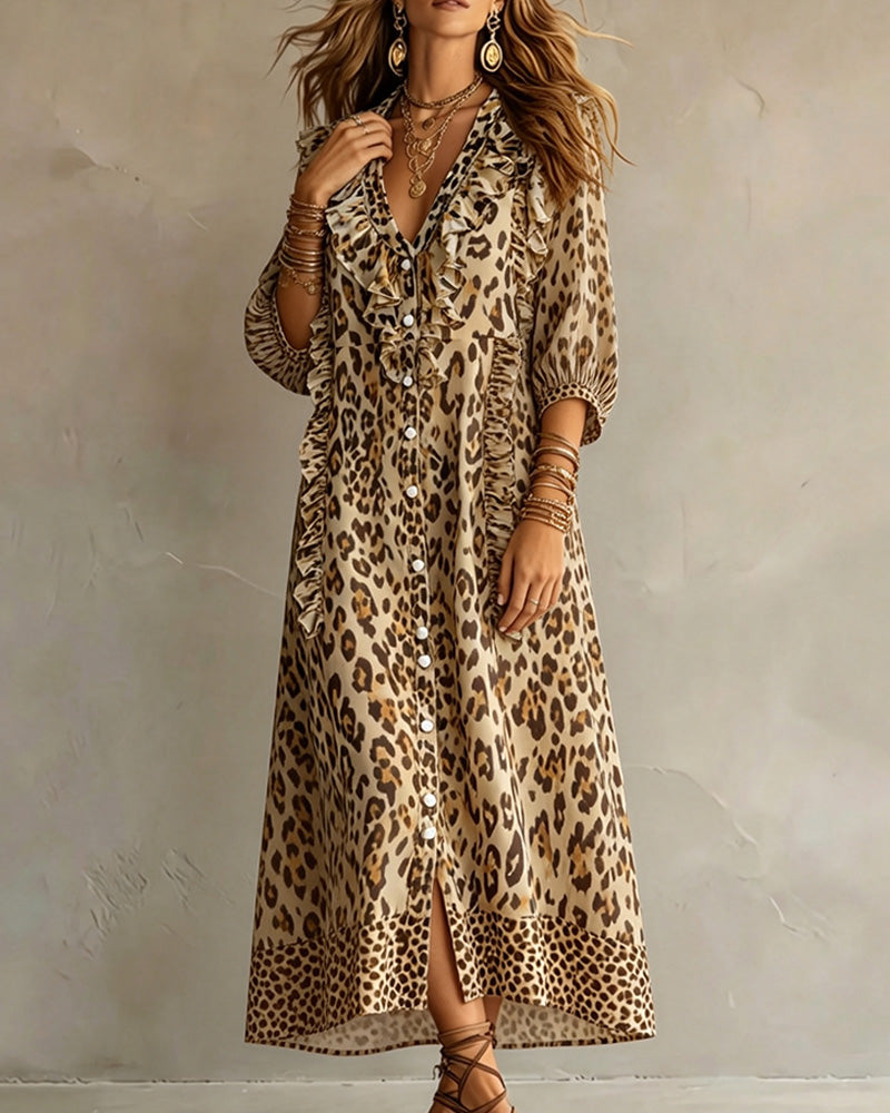 Robe Imprimé Léopard Ourlet Volanté Maxi