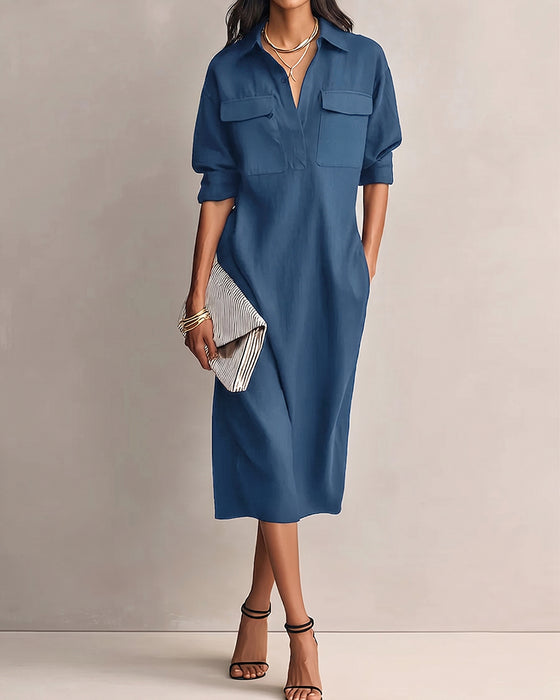 Robe Unie Col Revers Décontractée