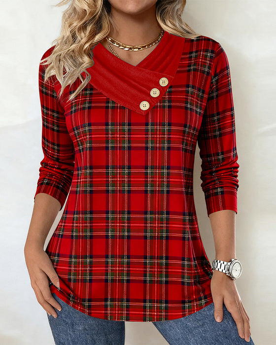 Long-sleeved top with scarf collar and plaid pattern