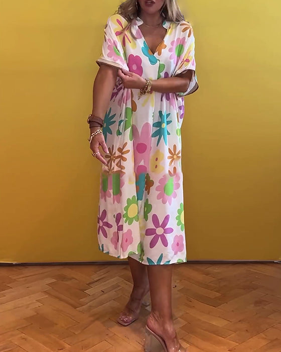 Robe ample col V imprimé fleuri