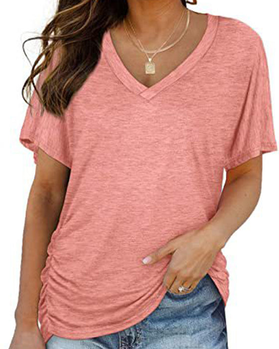 T-Shirt Plissé Uni Col En V