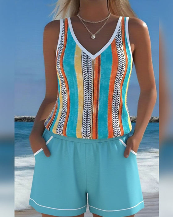 Tankini Maillot De Bain Col V Imprimé