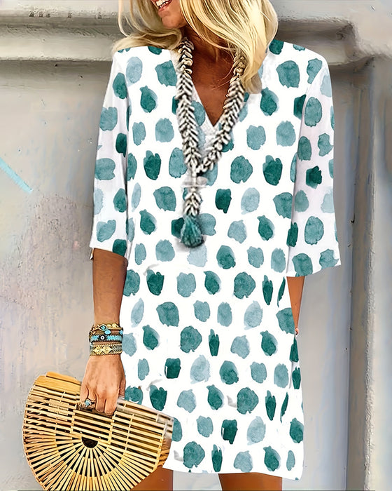 Robe Col En V À Pois Manches Courtes