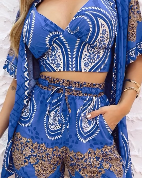 Maillot de bain élégant trois pièces à imprimé cachemire