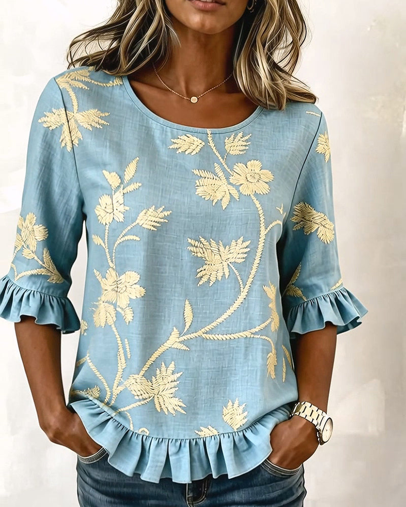 Blouse Jasmin Volant Col Rond Mi-Manche