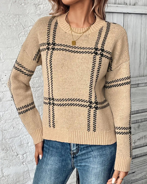 Pull Manches Longues À Carreaux Pullover