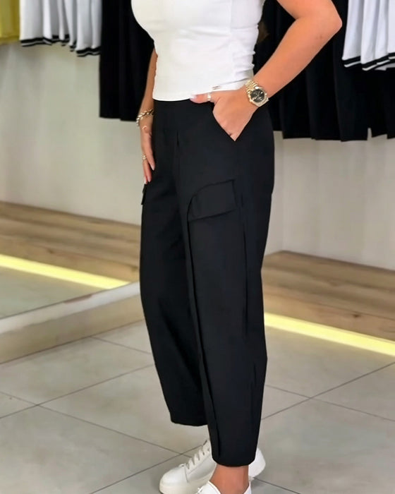 Pantalon Unie Poche Raccourci Décontracté