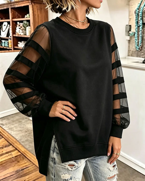 Sweatshirt Col Rond Fente Couleur Unie Tulle