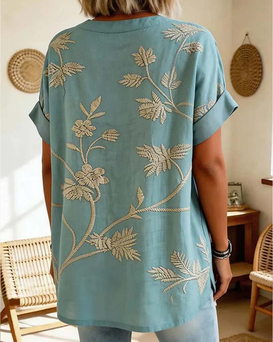 Blouse Col-V Imprimée Manches Courtes