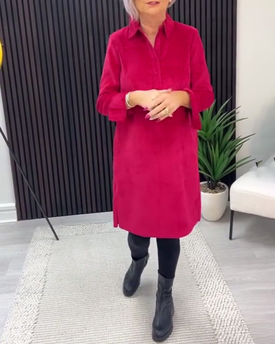 Robe Couleur Unie Manches Longues À Revers