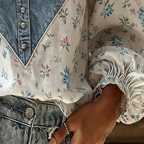 Blouse Col En V Imprimé Fleuri Manches Ballon Denim Panneau