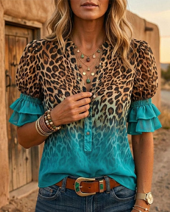 Blouse Col V Imprimé Léopard Dégradé Volantée
