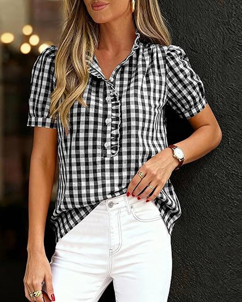 Blouse À Carreaux Bouffante Manches Courtes