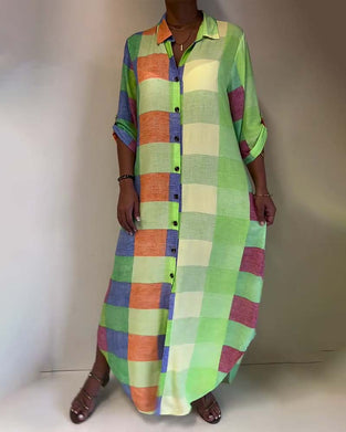 Robe à Carreaux Col Bloc de Couleur Chemise