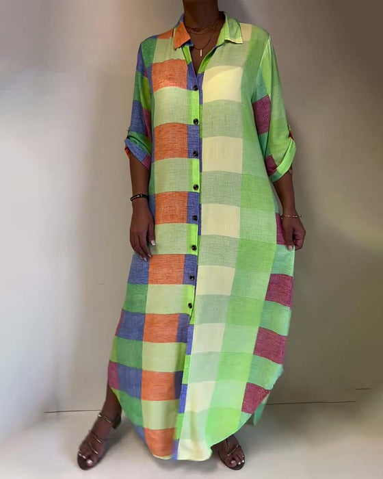 Robe à Carreaux Col Bloc de Couleur Chemise