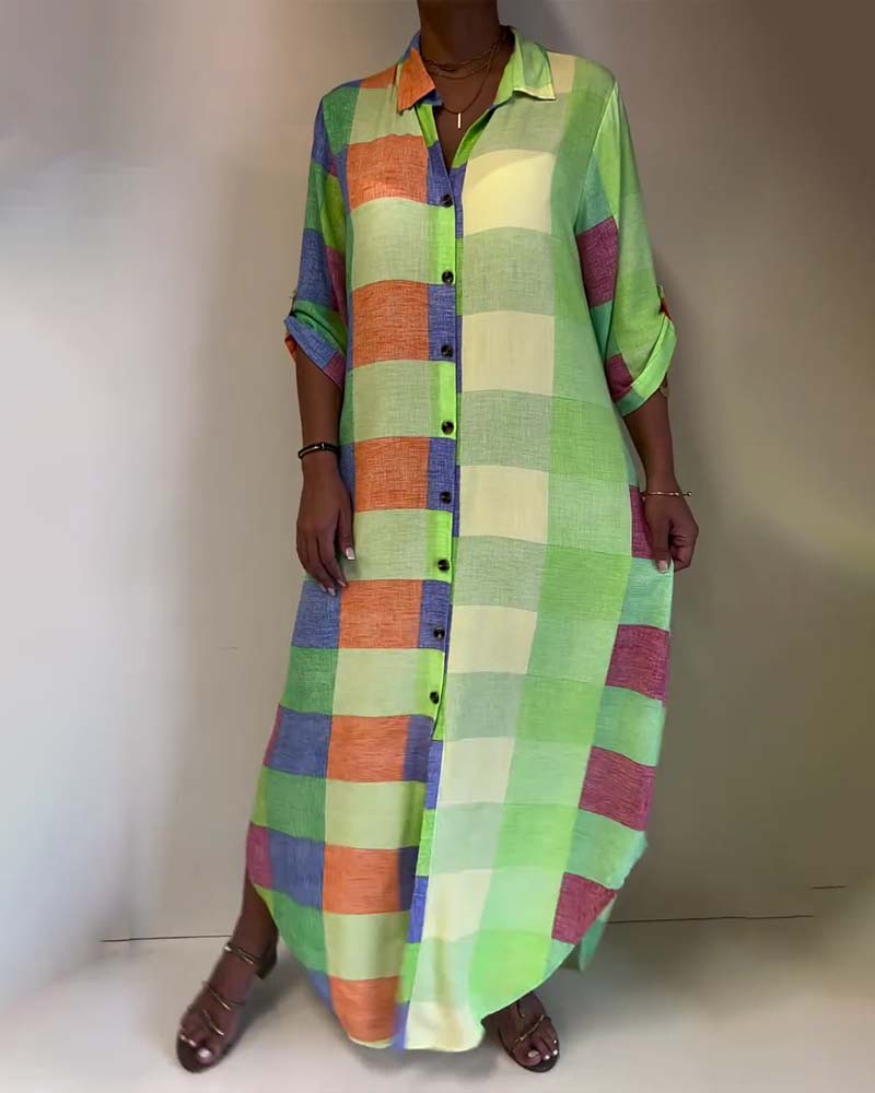 Robe à Carreaux Col Bloc de Couleur Chemise