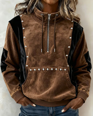 Sweatshirt Fermeture Éclair Bloc de Couleur Relax