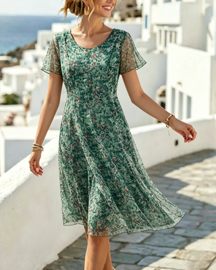 Robe Floral Manche Courte A-Ligne