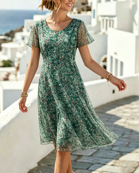 Robe Floral Manche Courte A-Ligne