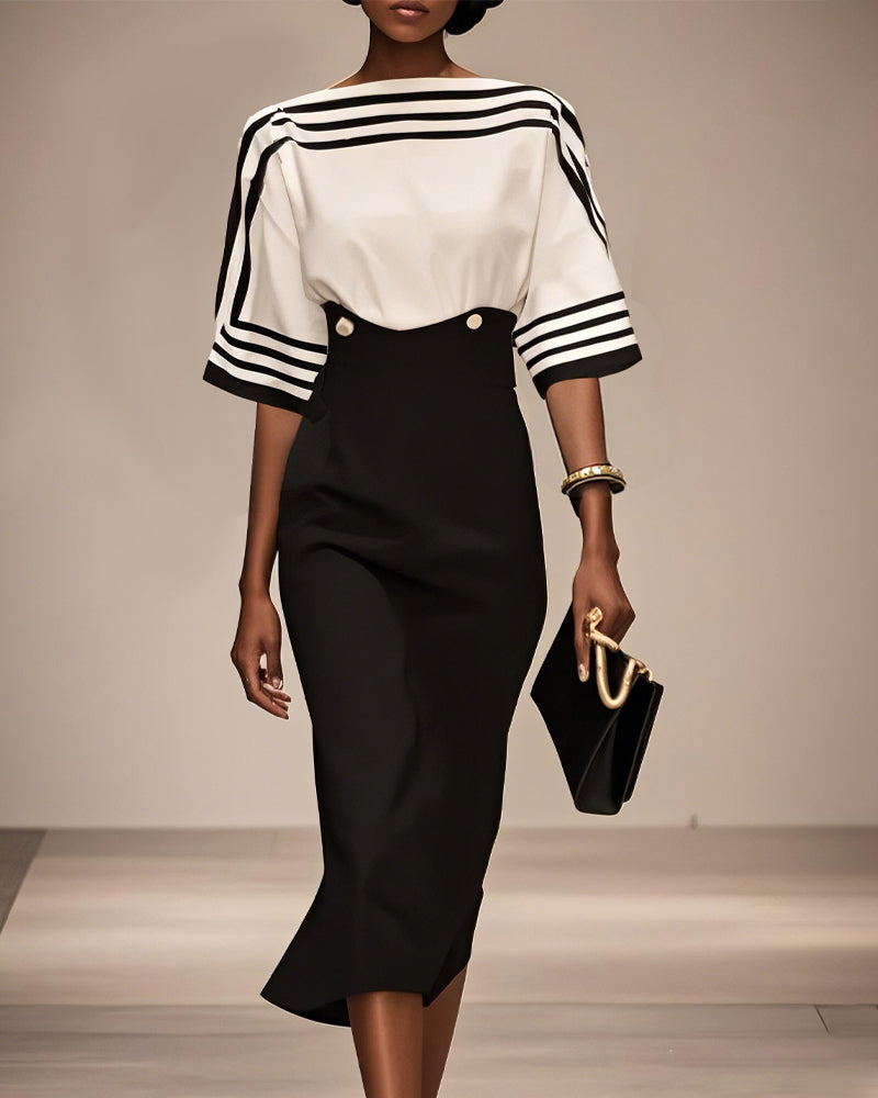 Robe Élégante Rayée Contraste Taille