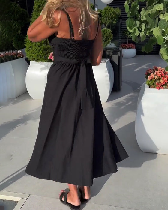 Robe Bretelles Col En V Froncée Taille Haute