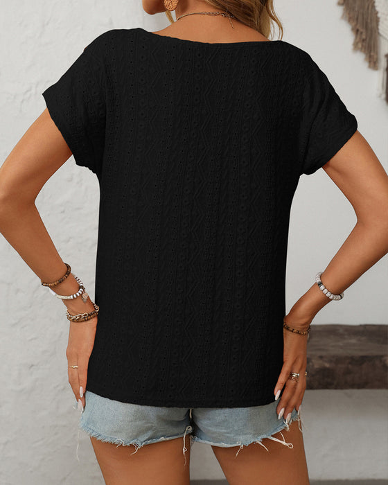 Blouse Col Rond Bouton Découpe Manches Courtes