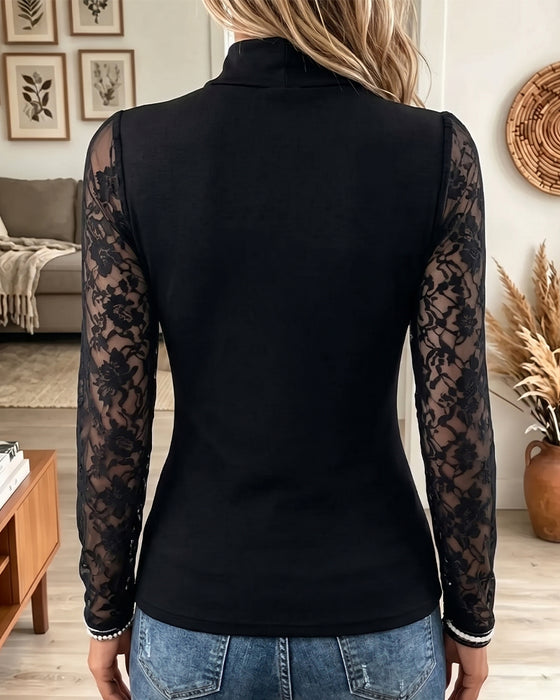 Haut Col Haut Ajouré Dentelle Patchwork Ajusté