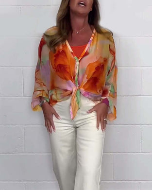 Chemisier décontracté imprimé à col en V et manches longues