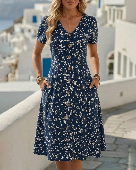 Robes Col V Bouton Taille Cintrée A-Ligne