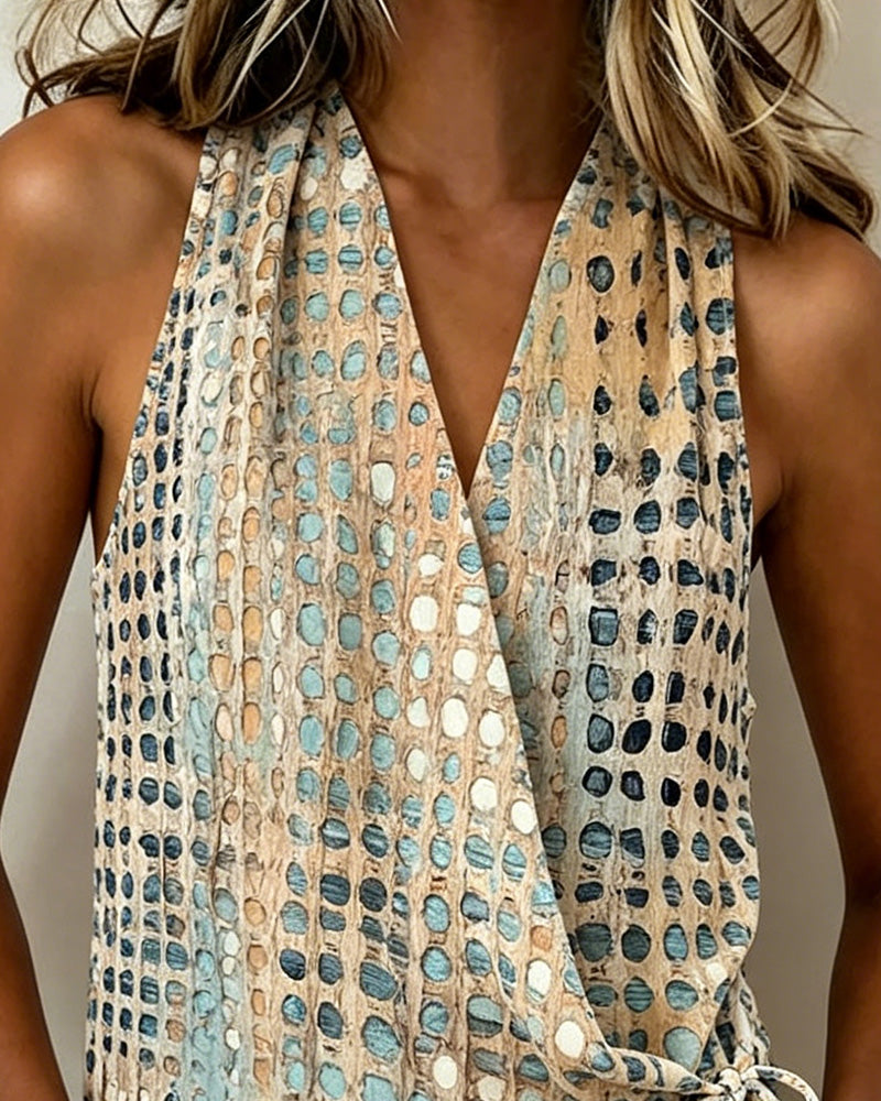 Blouse Col V Croisé Halter Pois Sans Manches