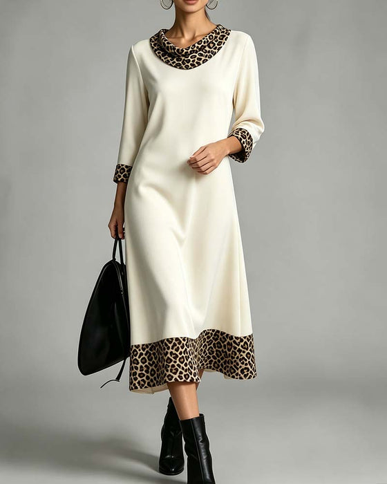 Robe Col Mock Décontracté Léopard Manche Coude
