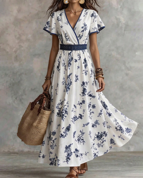 Robe Col V Taille Cintrée Florale Maxi