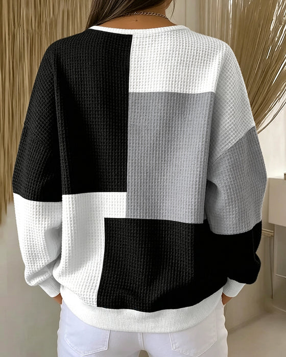 Haut Col Rond Bouton Bloc De Couleur