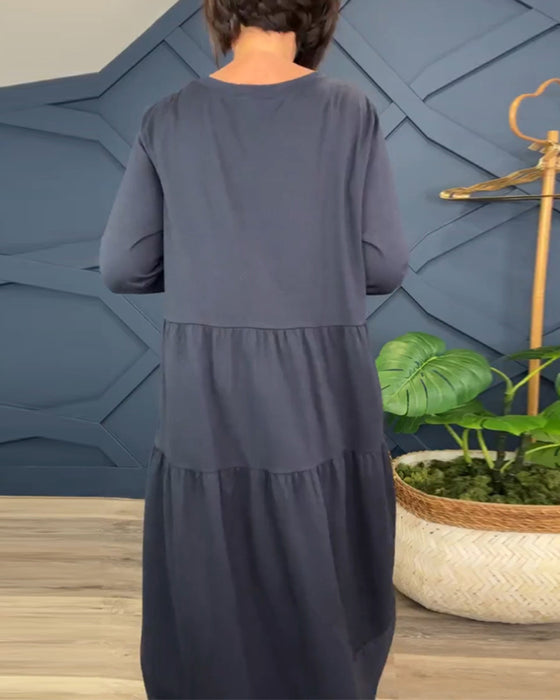 Robe décontractée de couleur unie à col rond et patchwork