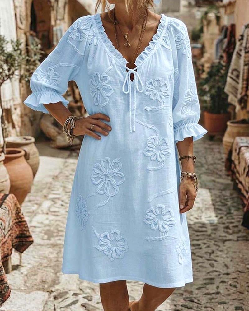 Robes Col V Volant Attacher 3D Floral