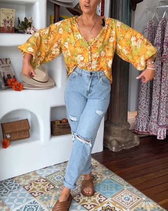 Blouse à imprimé fleuri col V